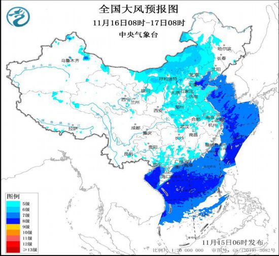   全国大风预报图(11月16日08时-17日08时)